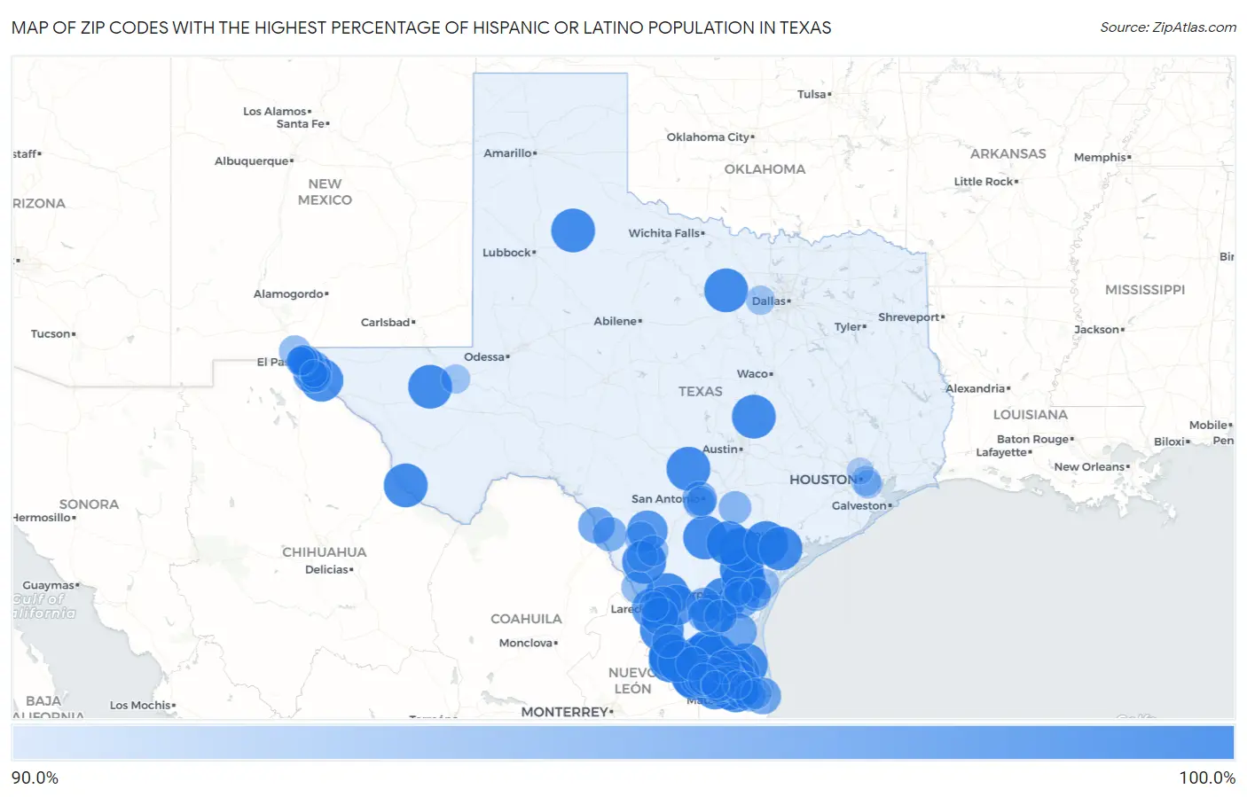 Zip Codes with the Highest Percentage of Hispanic or Latino Population in Texas Map