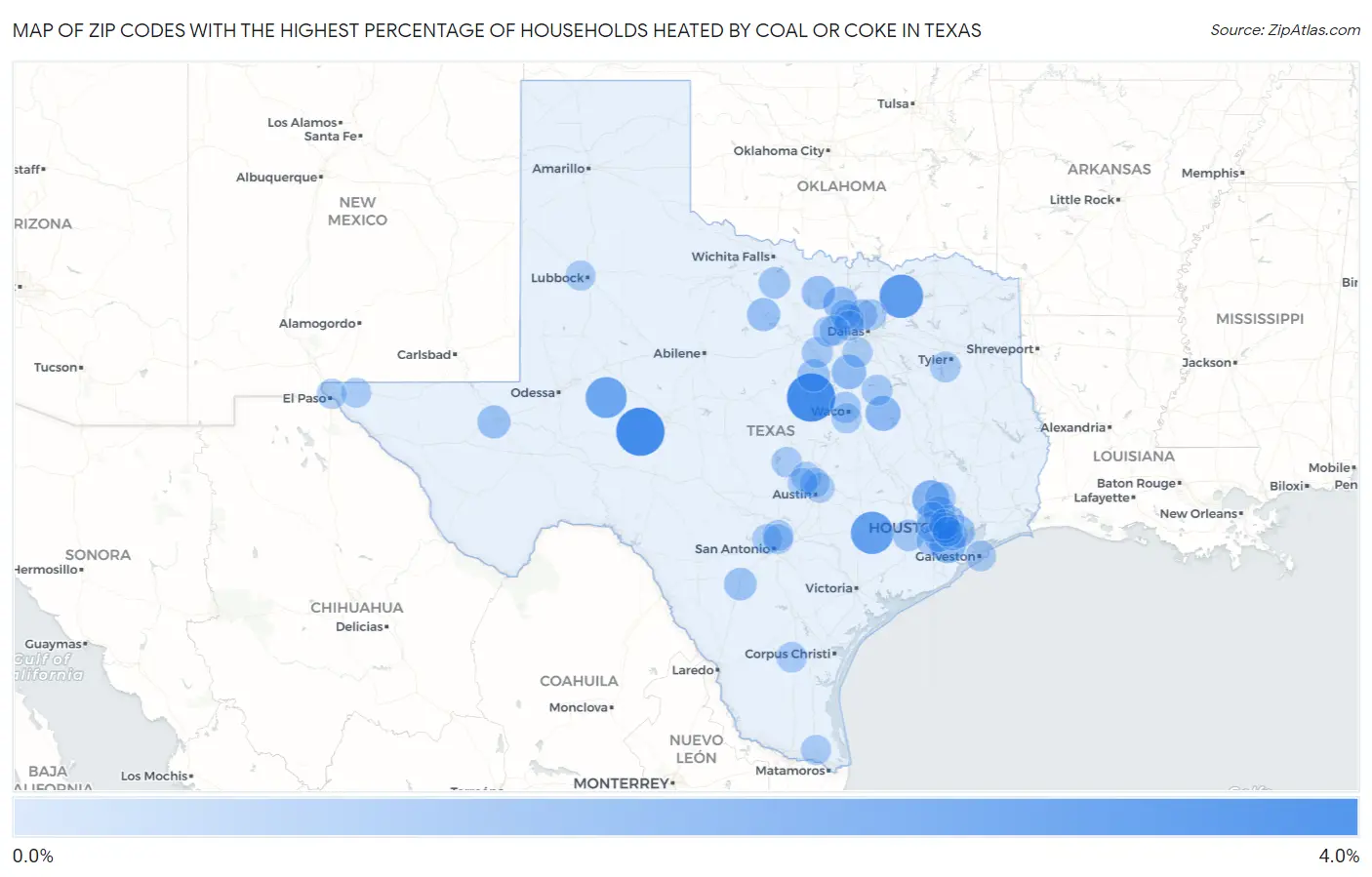Zip Codes with the Highest Percentage of Households Heated by Coal or Coke in Texas Map