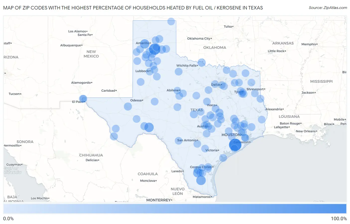 Zip Codes with the Highest Percentage of Households Heated by Fuel Oil / Kerosene in Texas Map