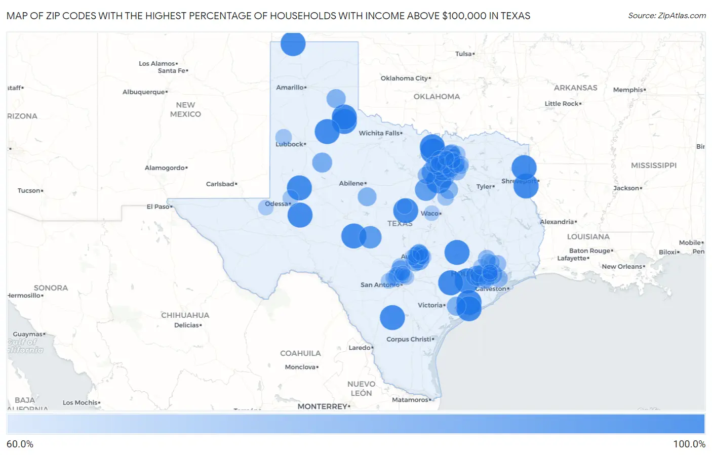 Zip Codes with the Highest Percentage of Households with Income Above $100,000 in Texas Map