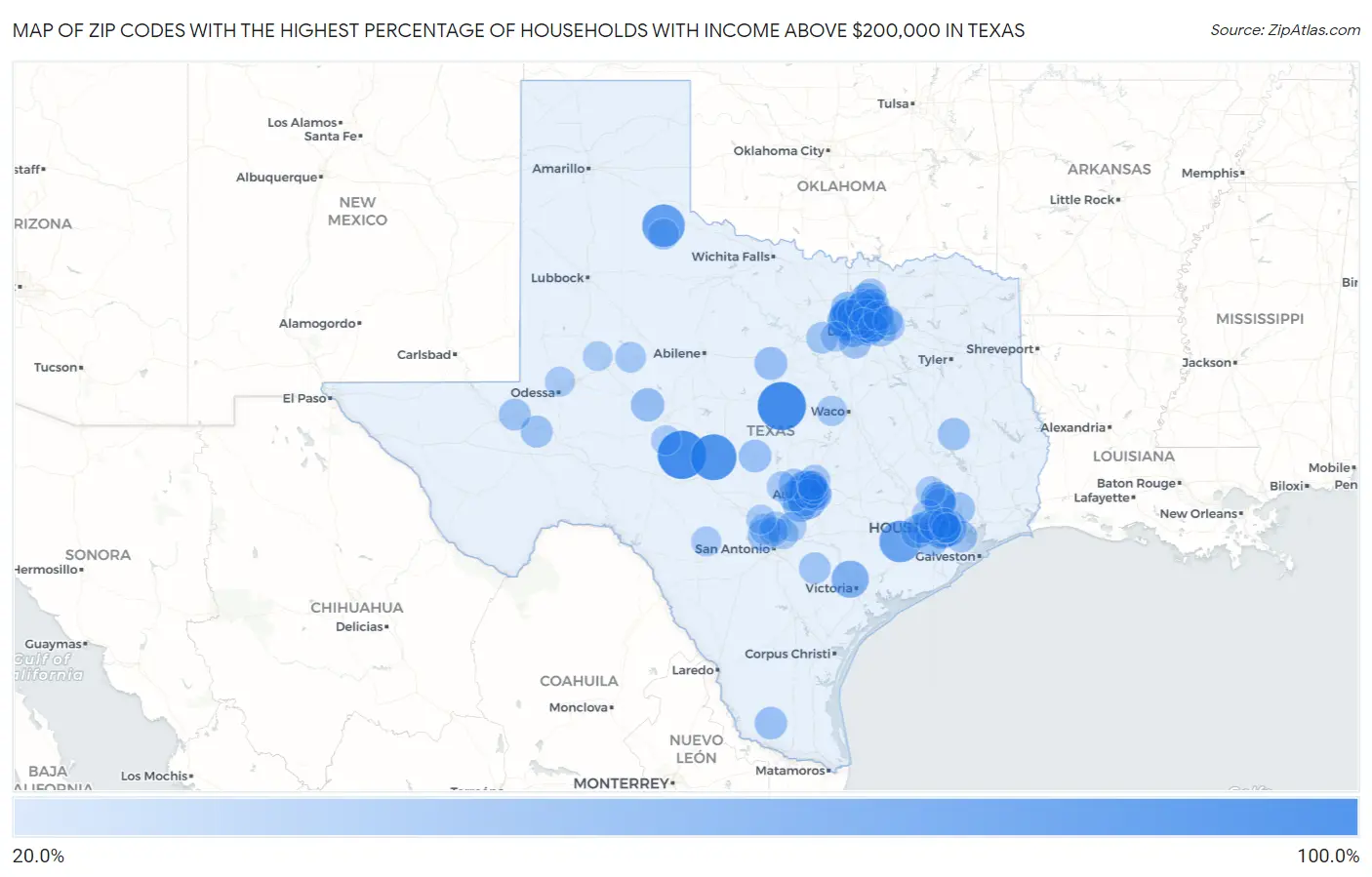 Zip Codes with the Highest Percentage of Households with Income Above $200,000 in Texas Map