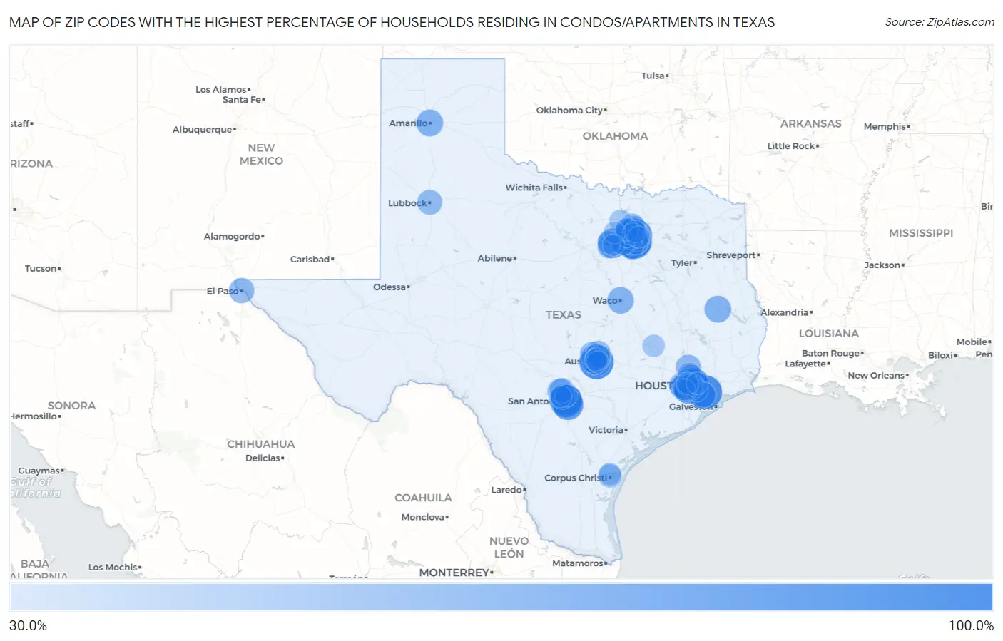 Zip Codes with the Highest Percentage of Households Residing in Condos/Apartments in Texas Map