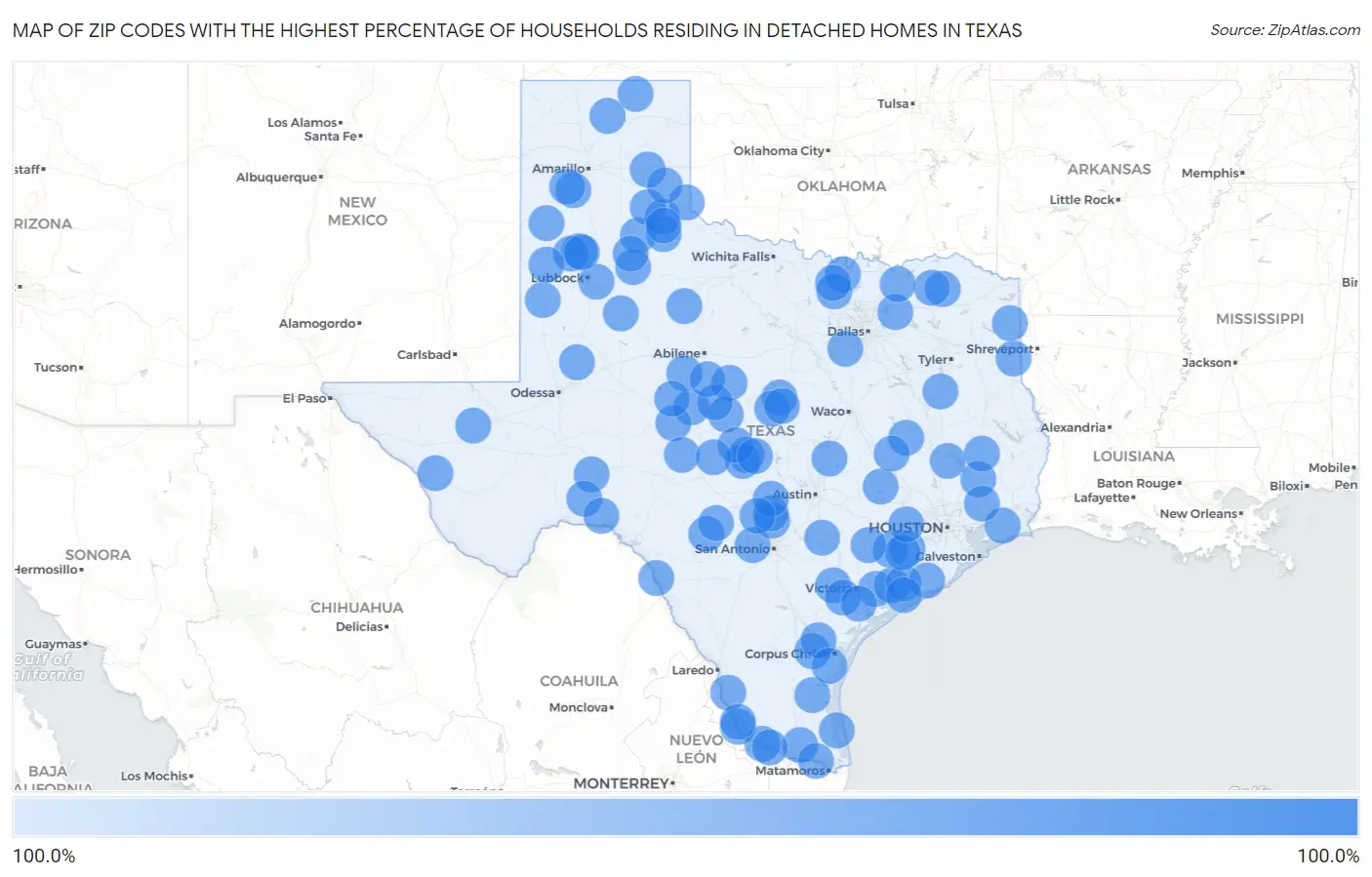 Zip Codes with the Highest Percentage of Households Residing in Detached Homes in Texas Map