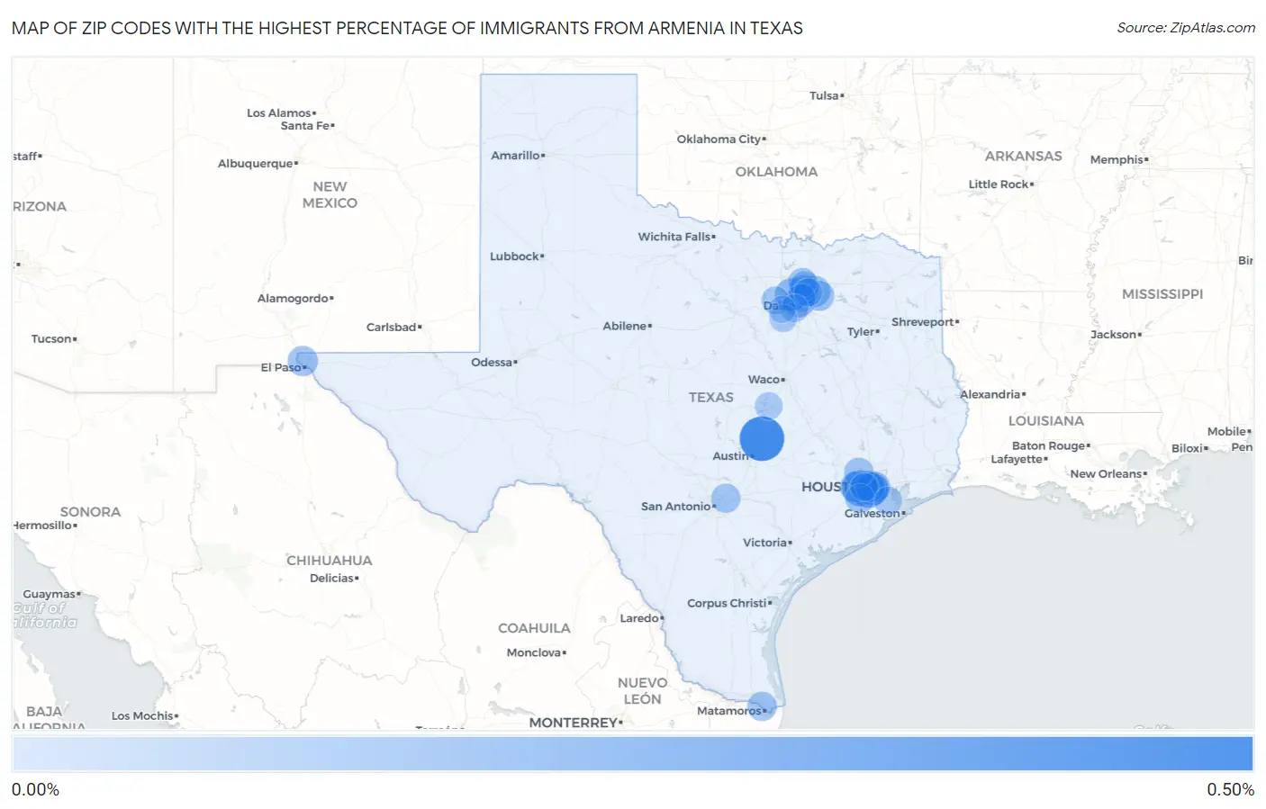 Zip Codes with the Highest Percentage of Immigrants from Armenia in Texas Map