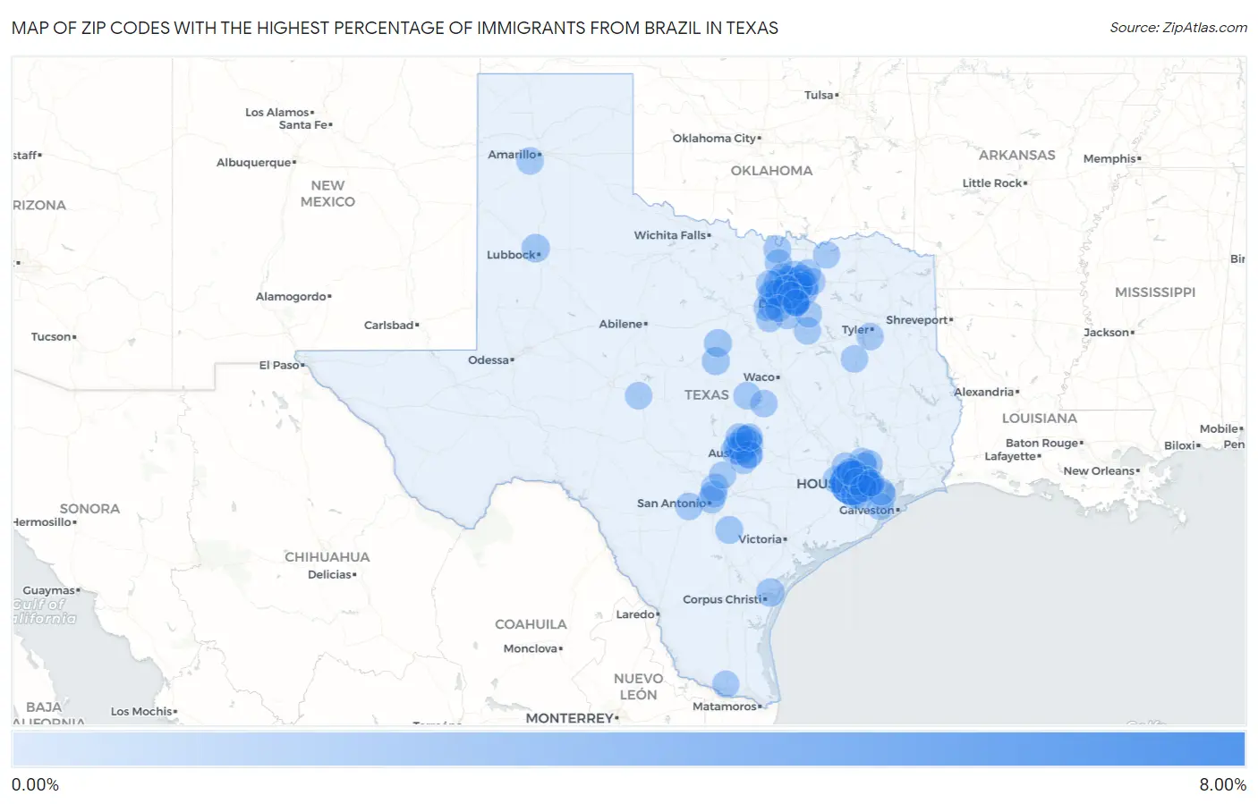 Zip Codes with the Highest Percentage of Immigrants from Brazil in Texas Map