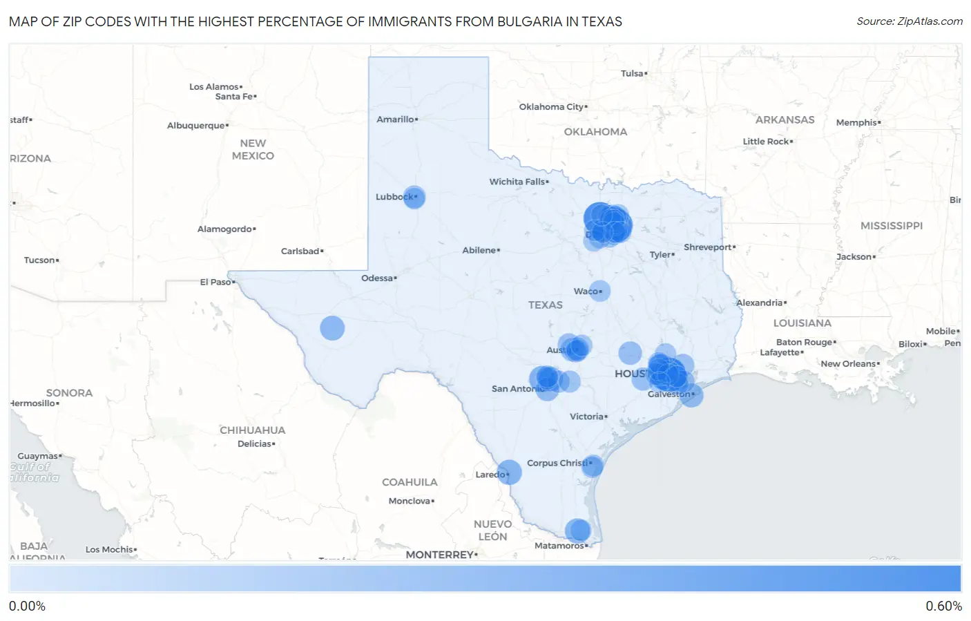 Zip Codes with the Highest Percentage of Immigrants from Bulgaria in Texas Map