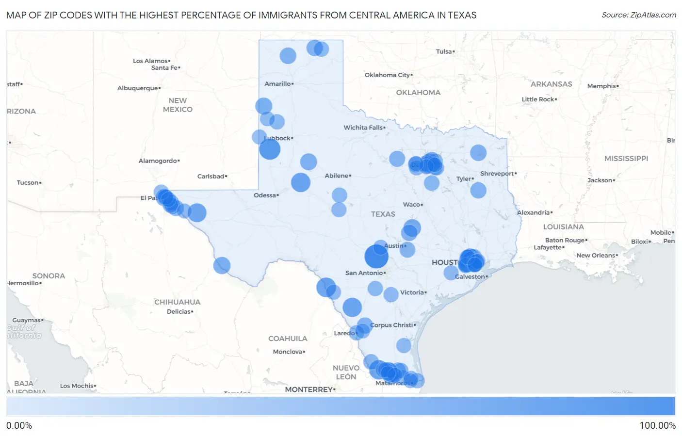 Zip Codes with the Highest Percentage of Immigrants from Central America in Texas Map