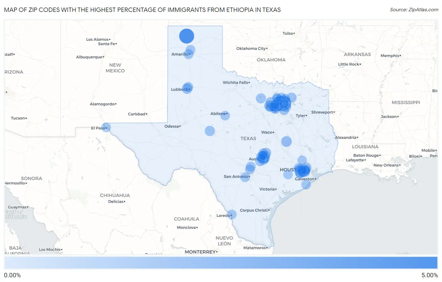 Zip Codes with the Highest Percentage of Immigrants from Ethiopia in Texas Map