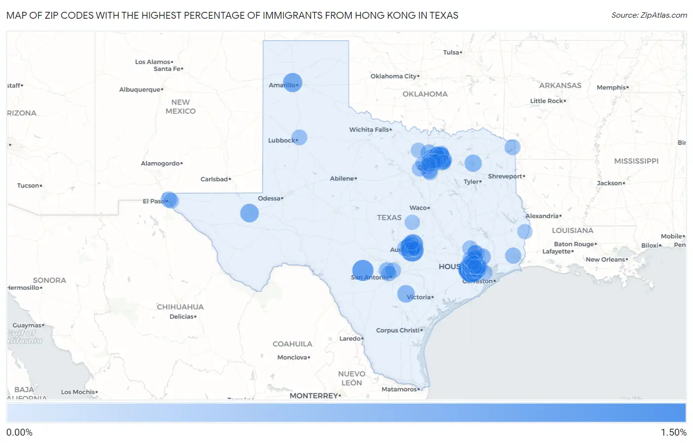 Zip Codes with the Highest Percentage of Immigrants from Hong Kong in Texas Map