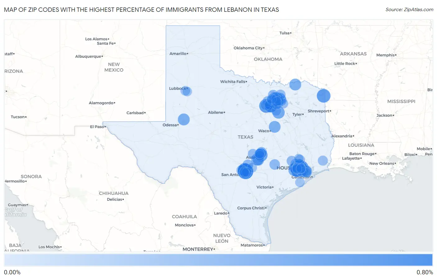 Zip Codes with the Highest Percentage of Immigrants from Lebanon in Texas Map