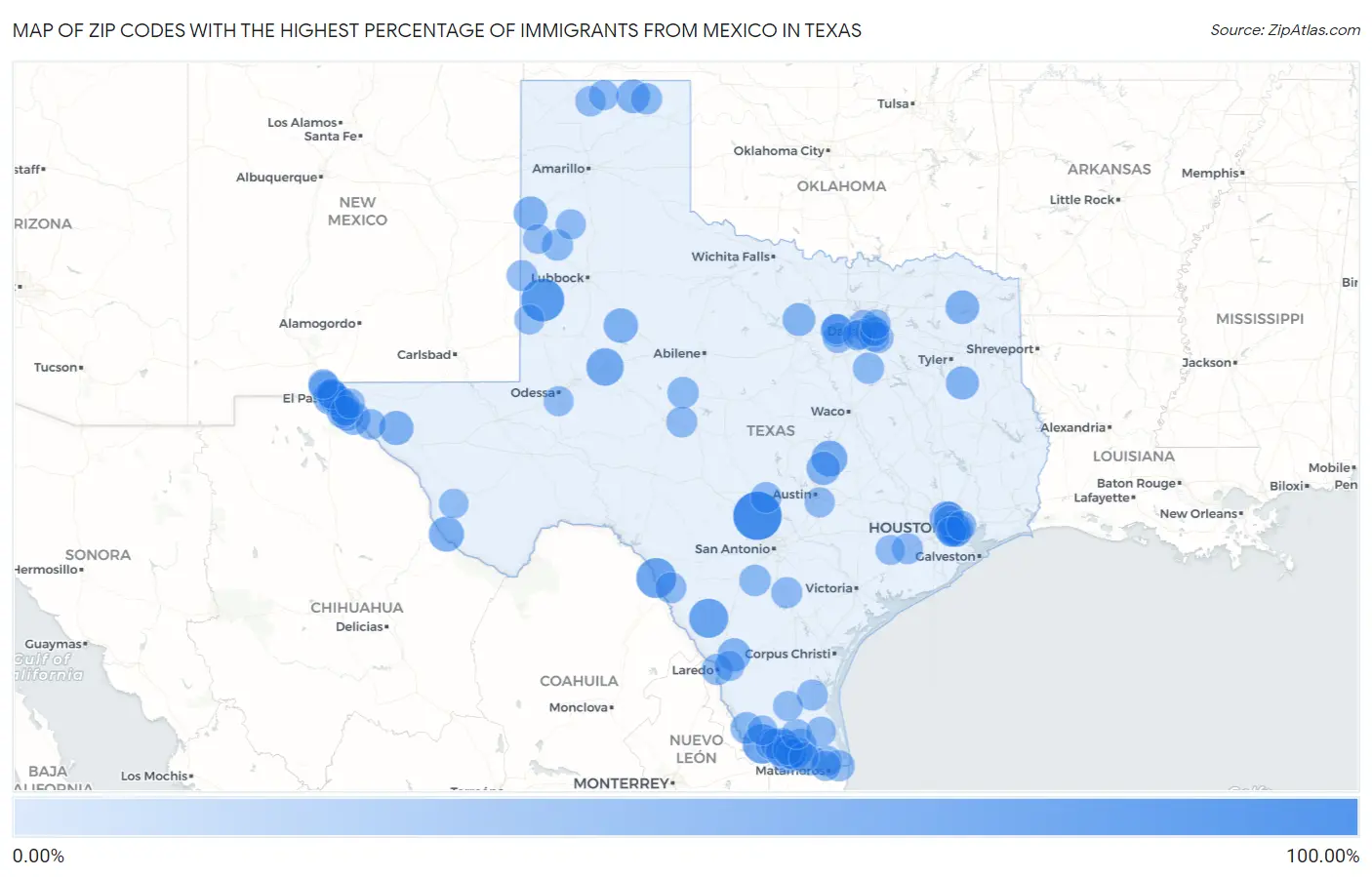Zip Codes with the Highest Percentage of Immigrants from Mexico in Texas Map