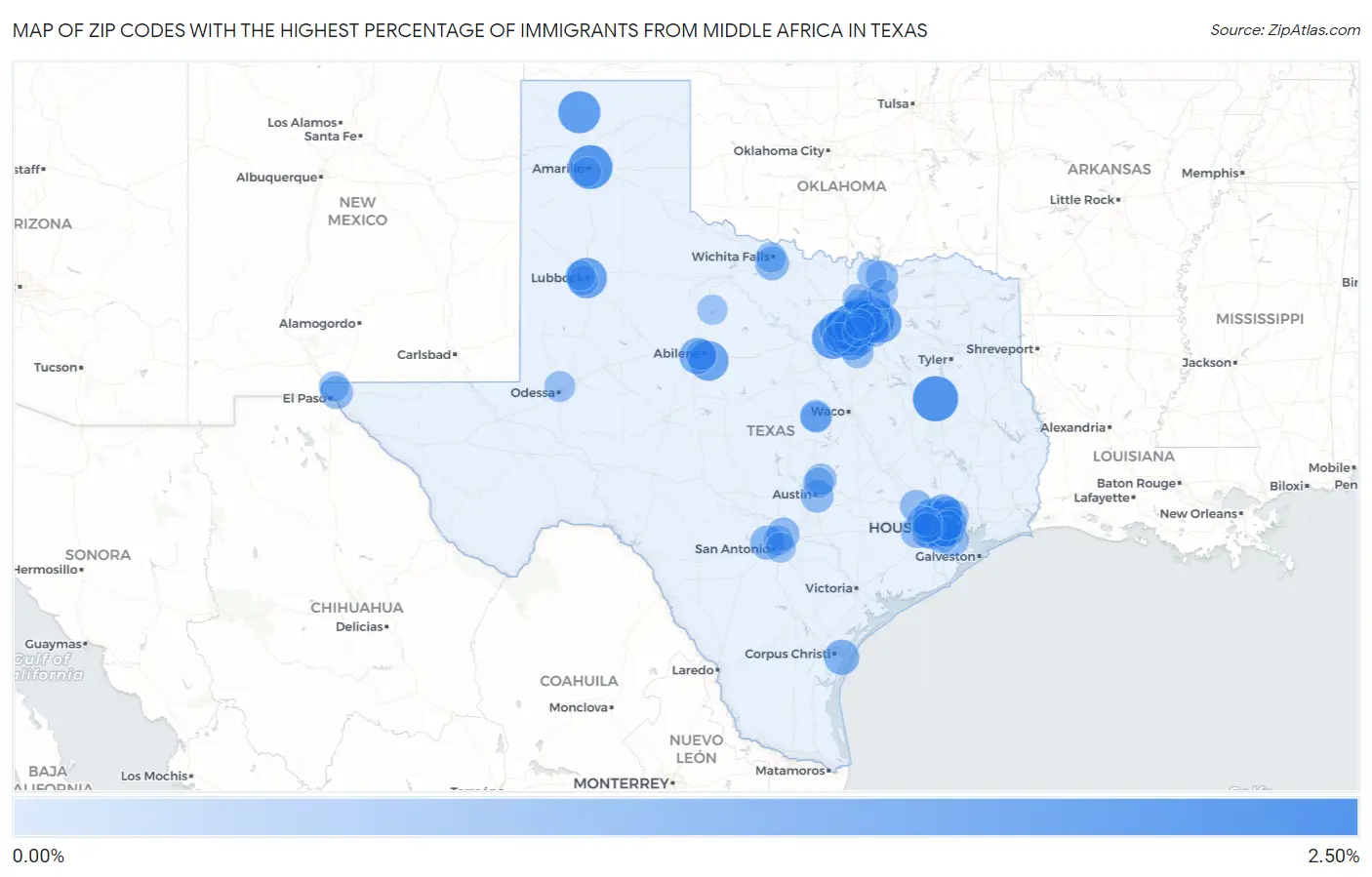 Zip Codes with the Highest Percentage of Immigrants from Middle Africa in Texas Map