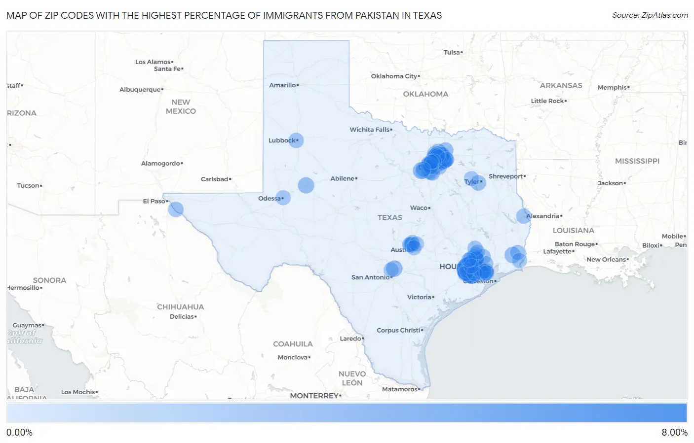 Zip Codes with the Highest Percentage of Immigrants from Pakistan in Texas Map