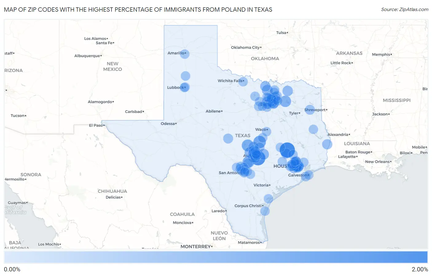 Zip Codes with the Highest Percentage of Immigrants from Poland in Texas Map