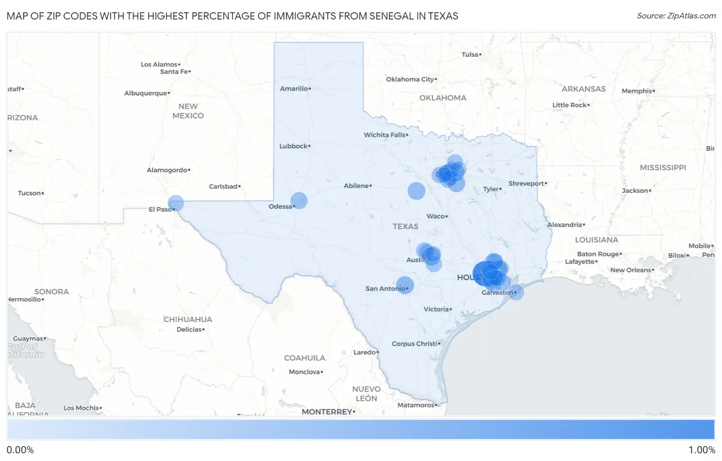 Zip Codes with the Highest Percentage of Immigrants from Senegal in Texas Map