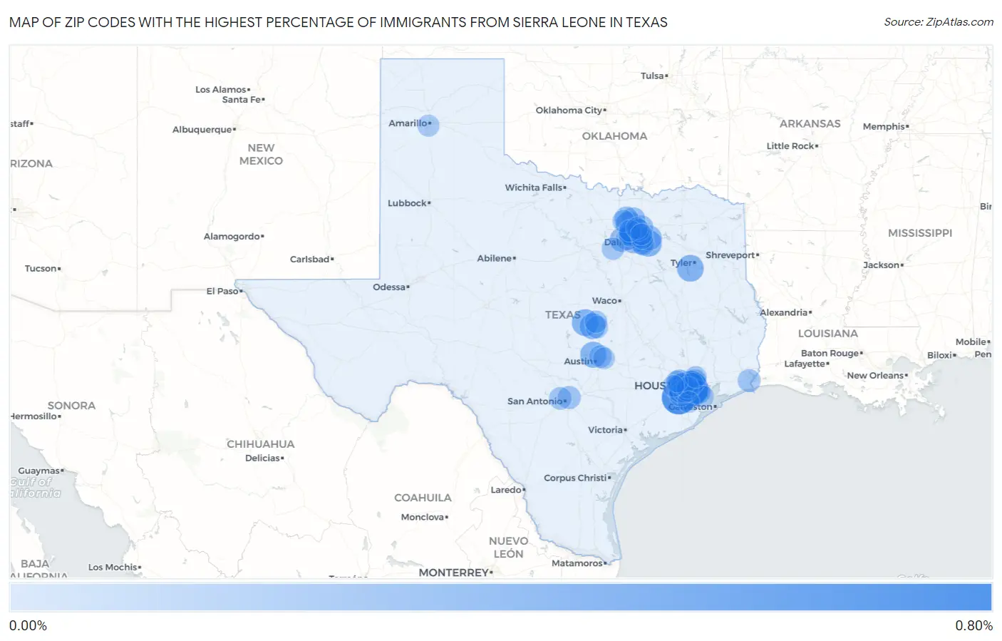Zip Codes with the Highest Percentage of Immigrants from Sierra Leone in Texas Map