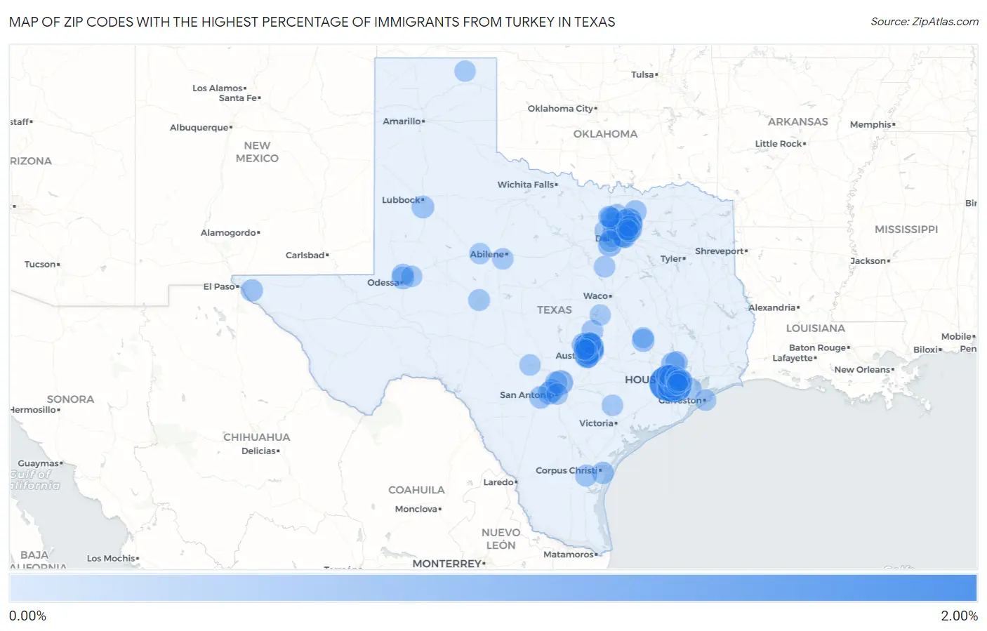 Zip Codes with the Highest Percentage of Immigrants from Turkey in Texas Map
