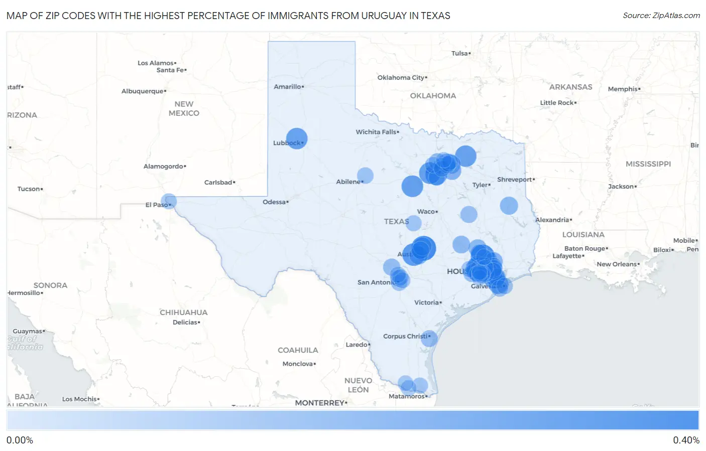 Zip Codes with the Highest Percentage of Immigrants from Uruguay in Texas Map