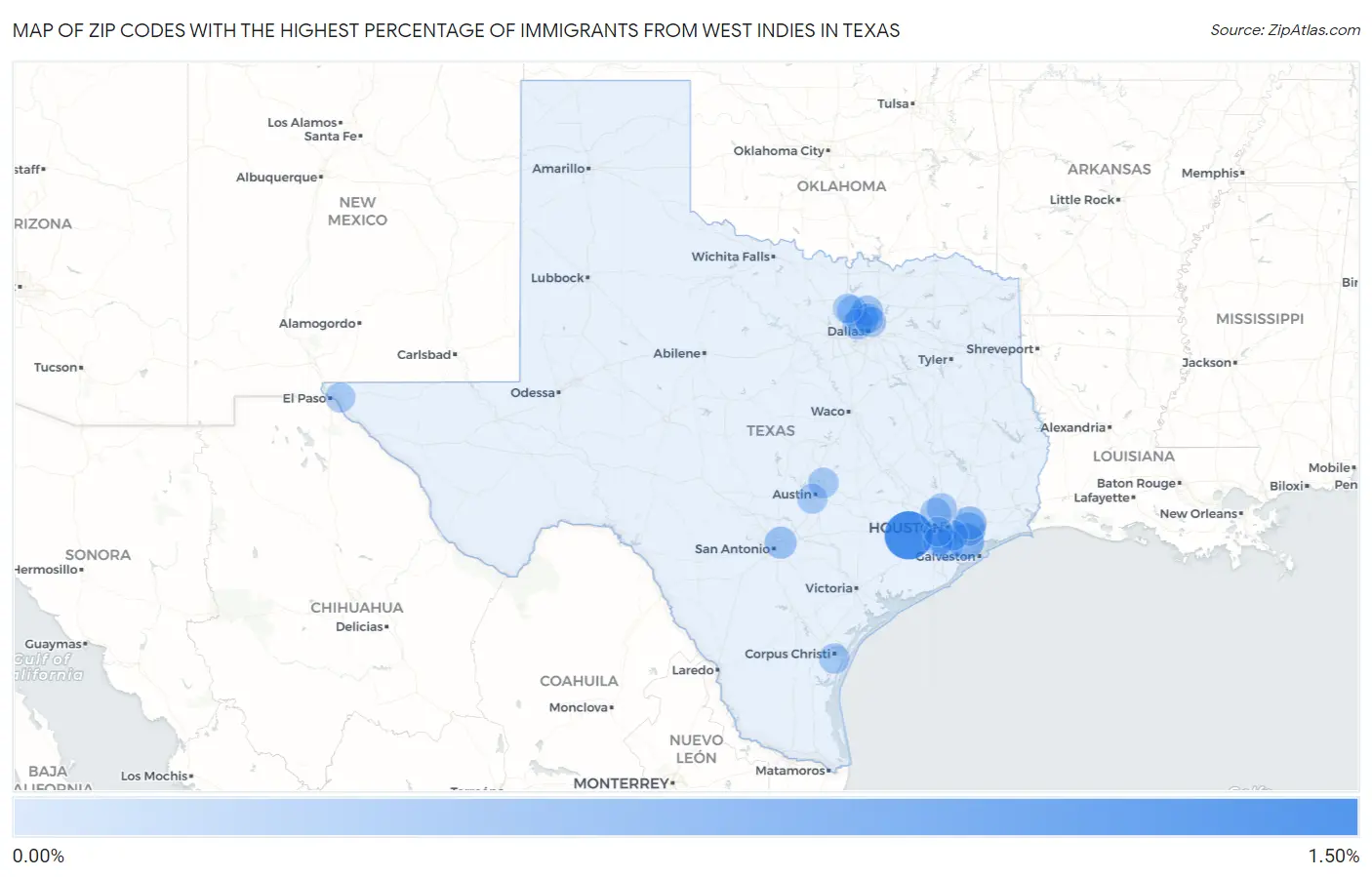 Zip Codes with the Highest Percentage of Immigrants from West Indies in Texas Map
