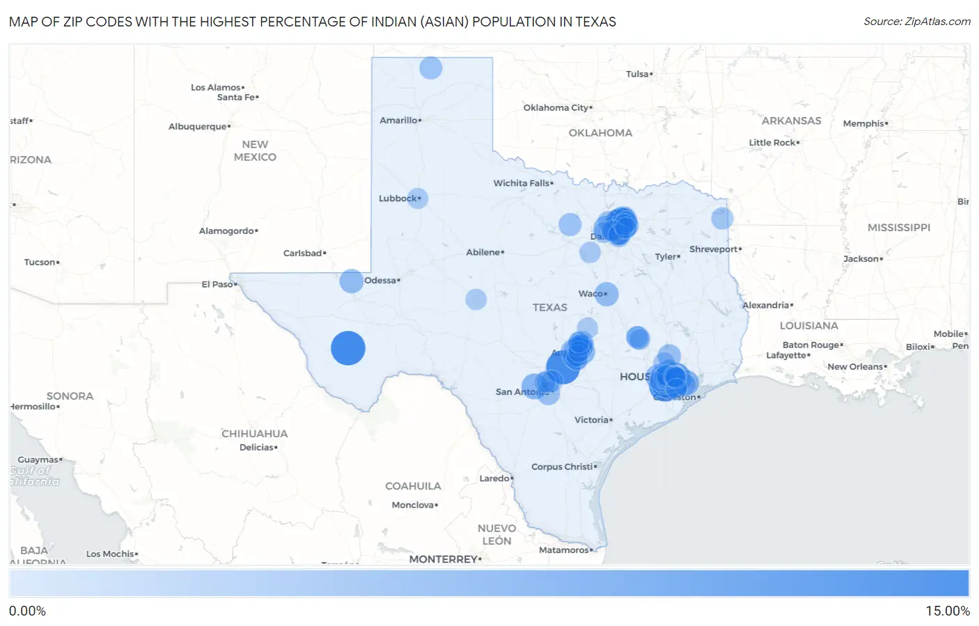 Zip Codes with the Highest Percentage of Indian (Asian) Population in Texas Map