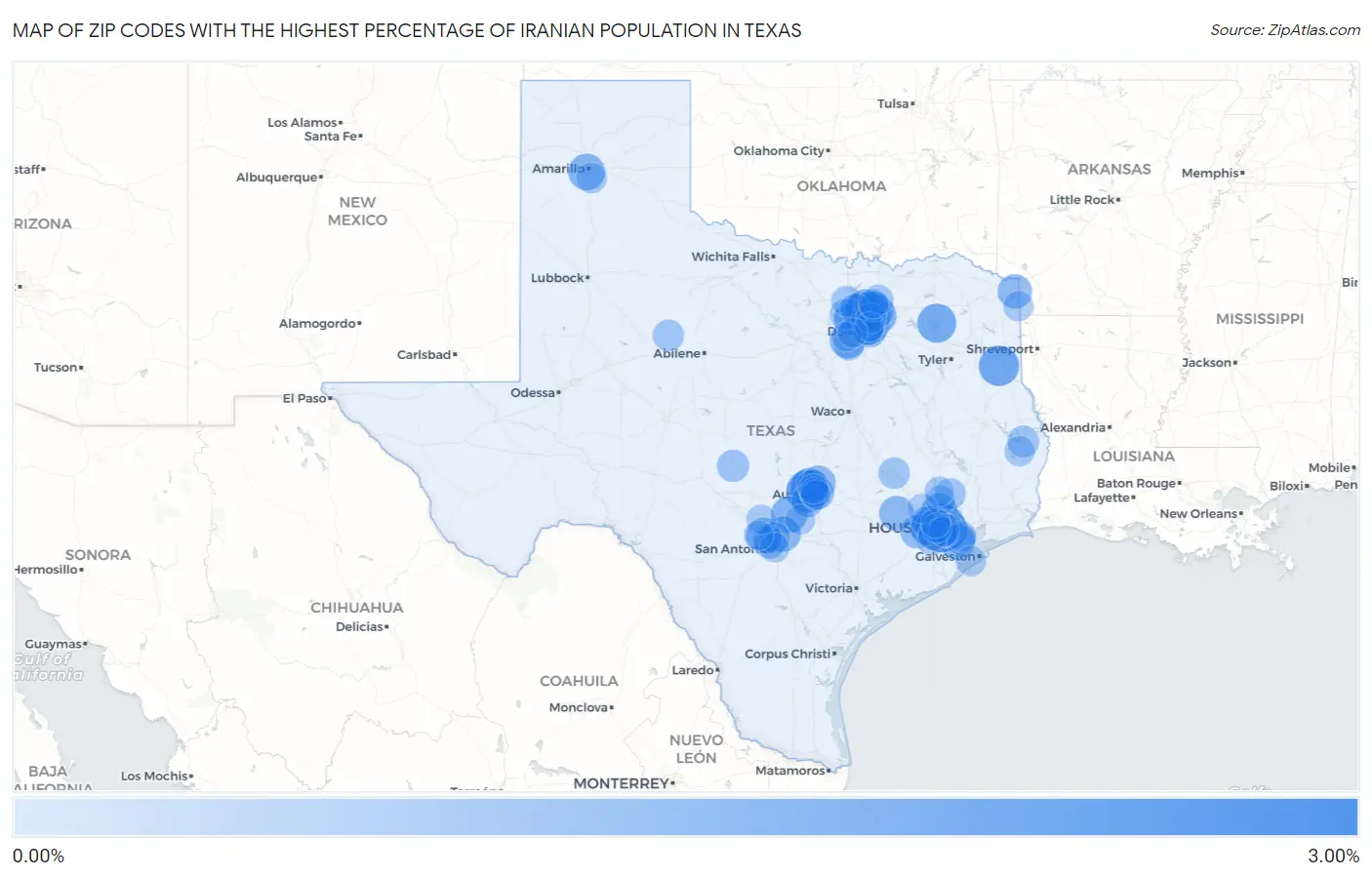 Zip Codes with the Highest Percentage of Iranian Population in Texas Map