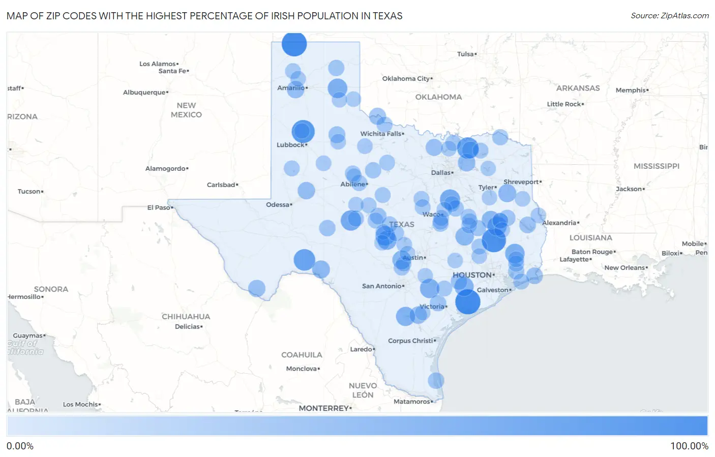 Zip Codes with the Highest Percentage of Irish Population in Texas Map