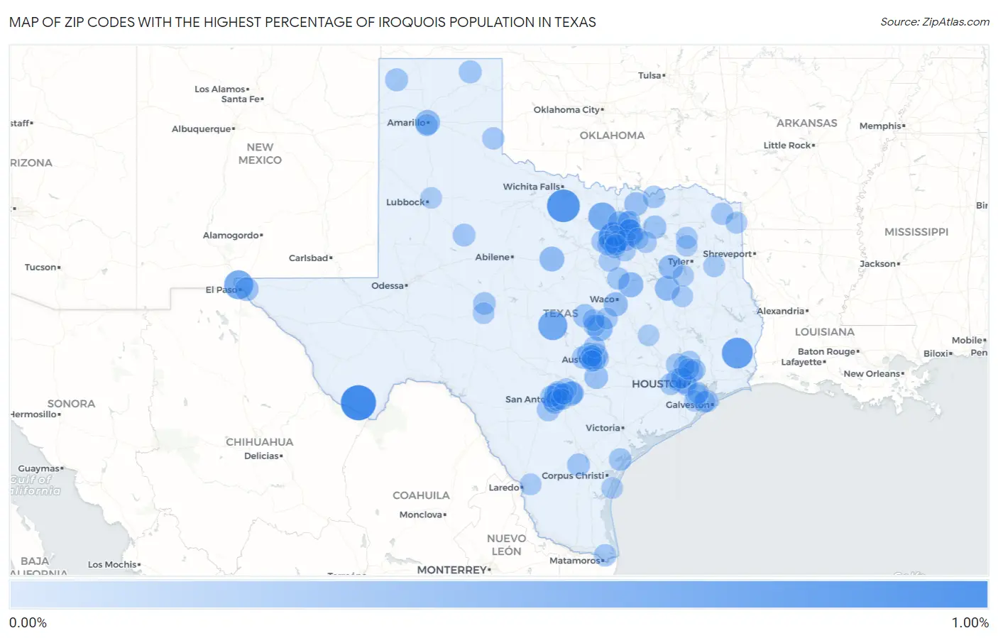 Zip Codes with the Highest Percentage of Iroquois Population in Texas Map