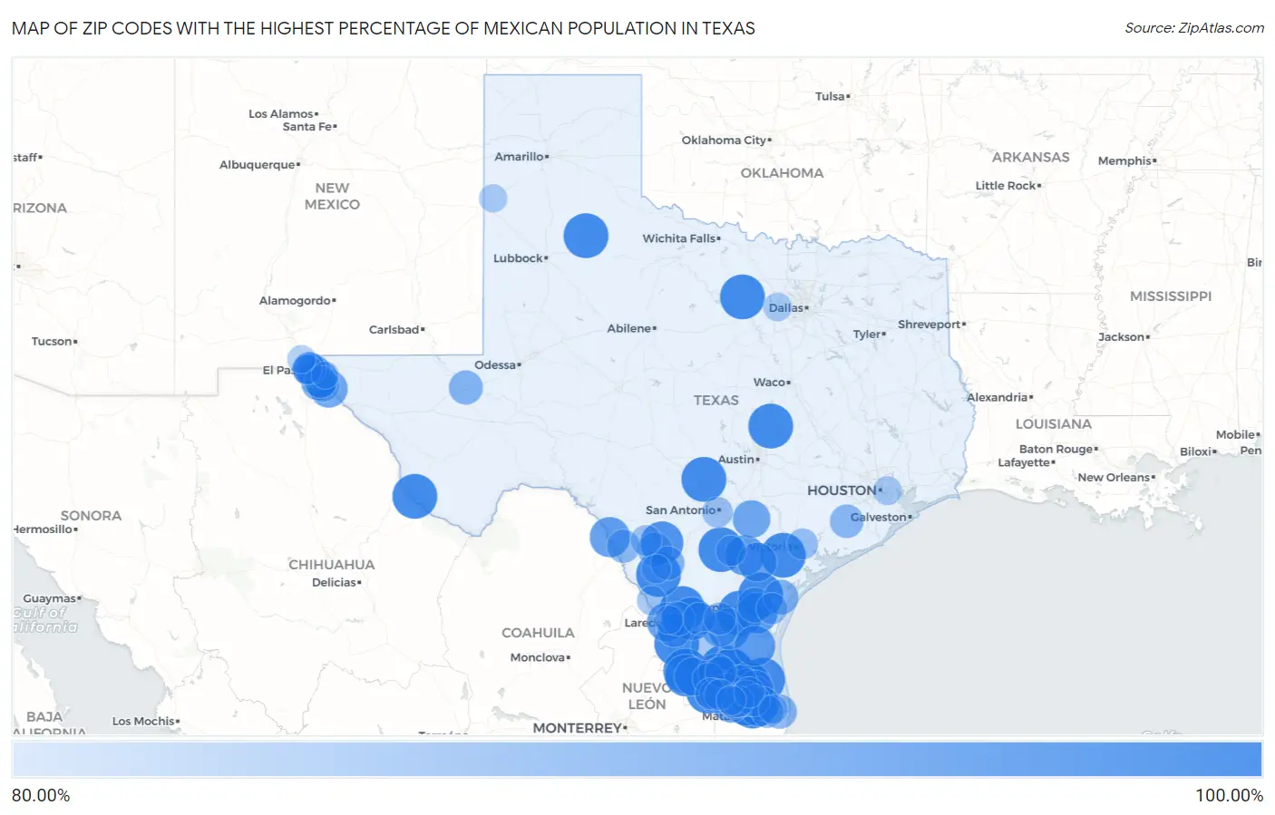 Zip Codes with the Highest Percentage of Mexican Population in Texas Map