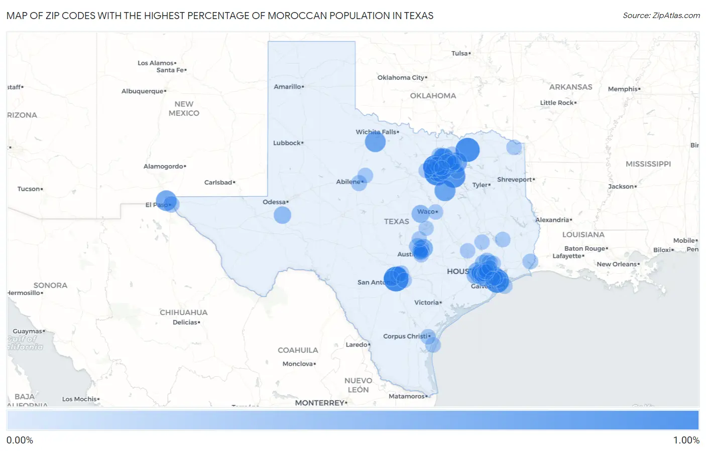 Zip Codes with the Highest Percentage of Moroccan Population in Texas Map