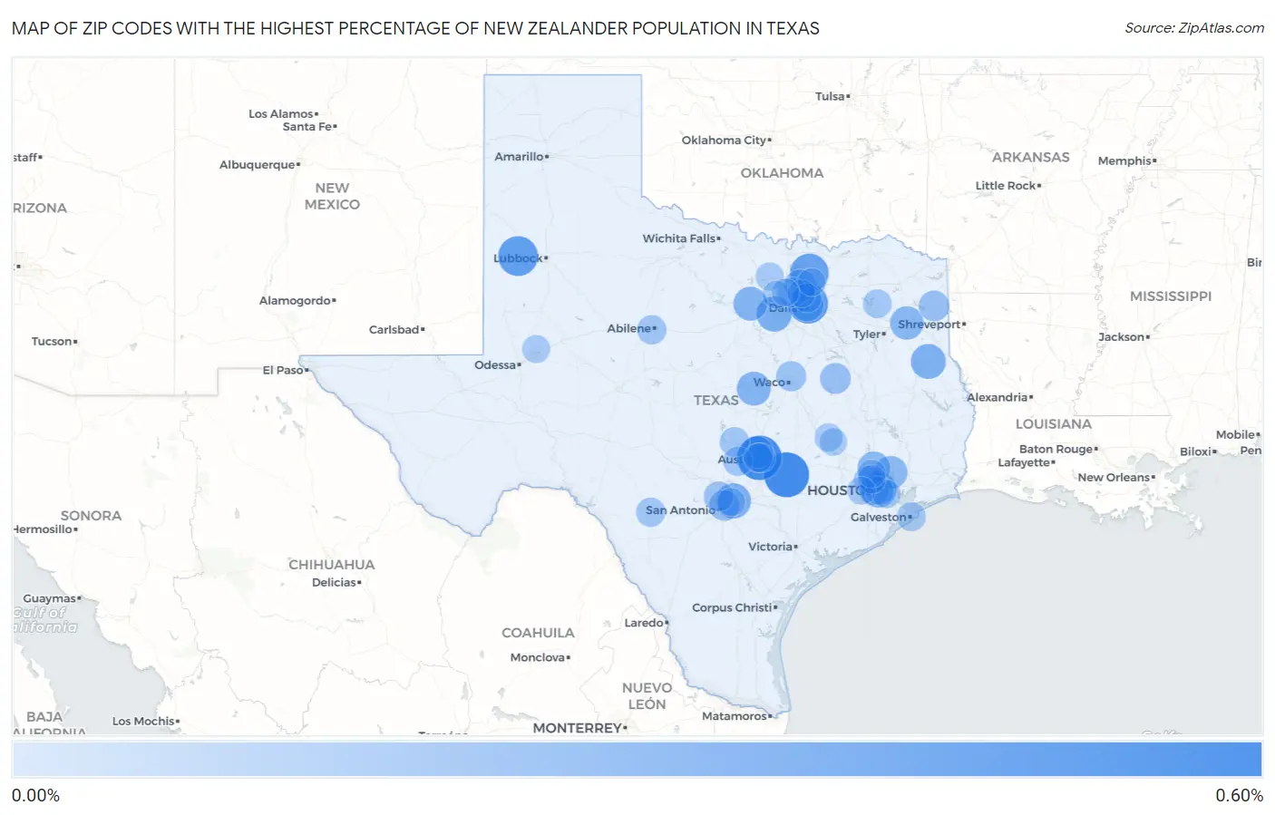 Zip Codes with the Highest Percentage of New Zealander Population in Texas Map