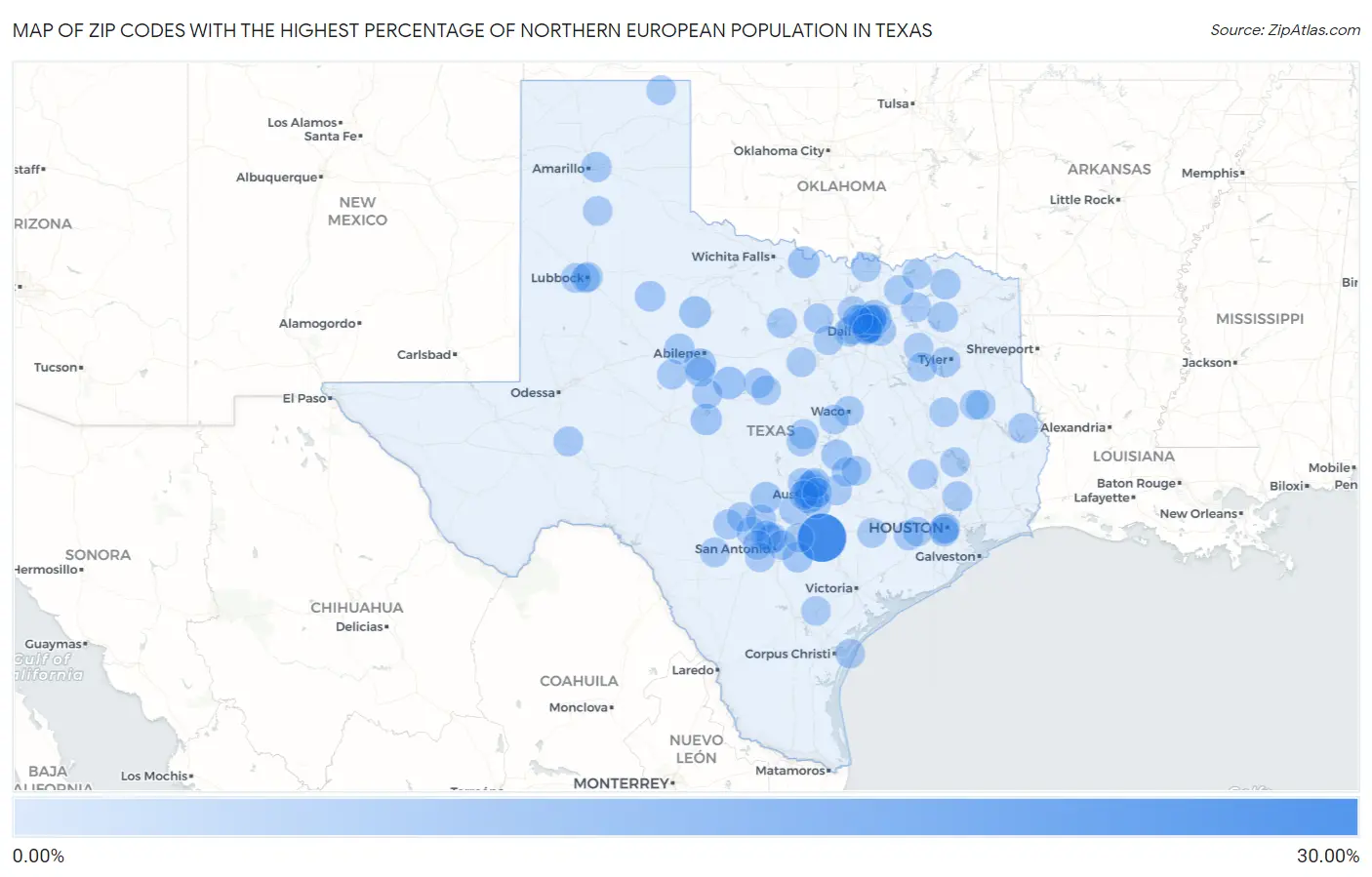 Zip Codes with the Highest Percentage of Northern European Population in Texas Map