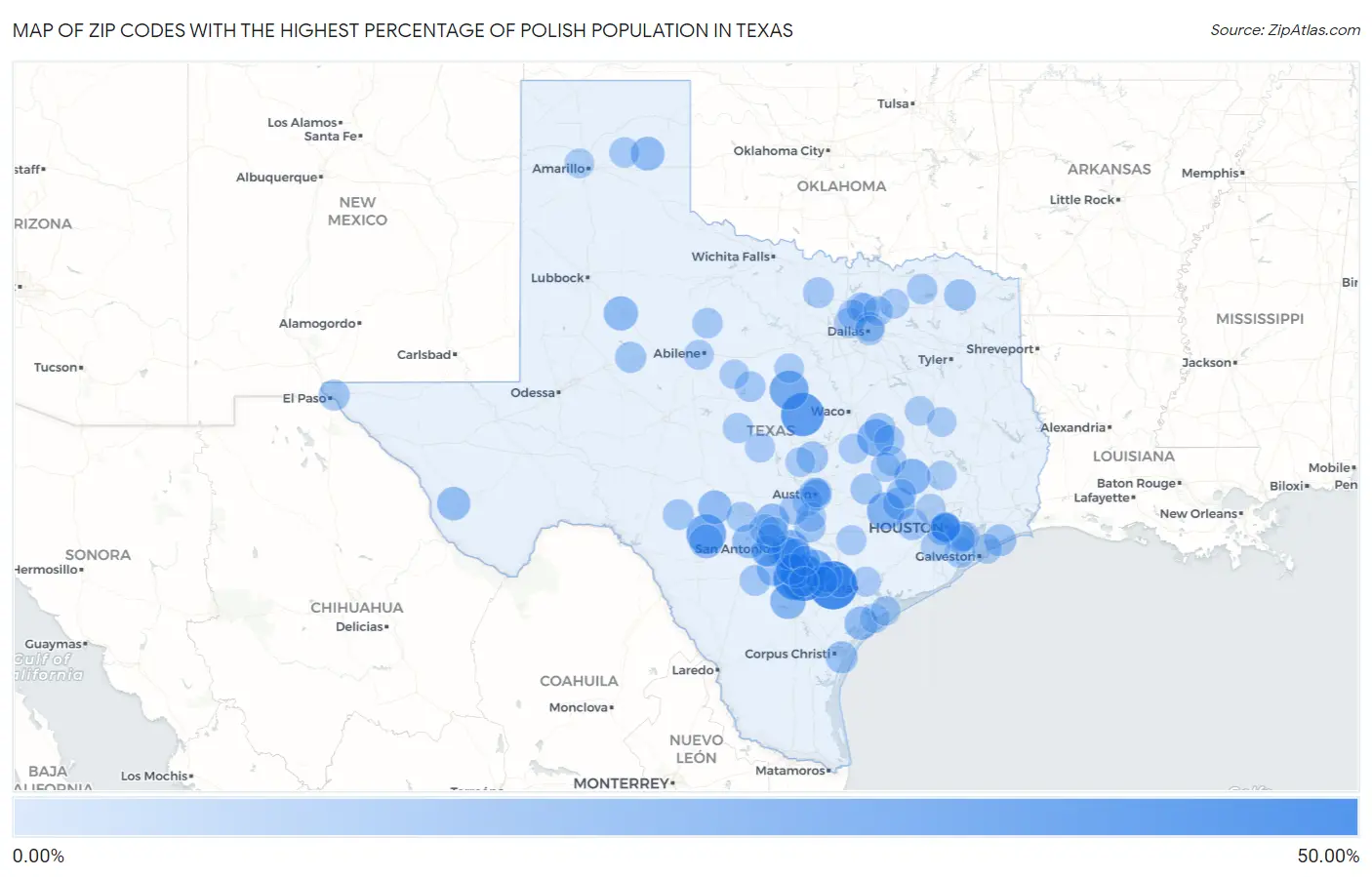 Zip Codes with the Highest Percentage of Polish Population in Texas Map