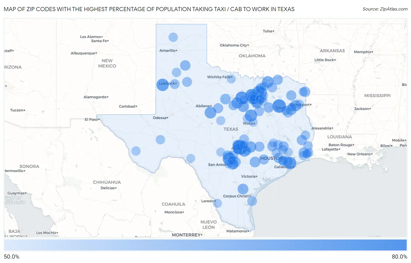 Zip Codes with the Highest Percentage of Population Taking Taxi / Cab to Work in Texas Map