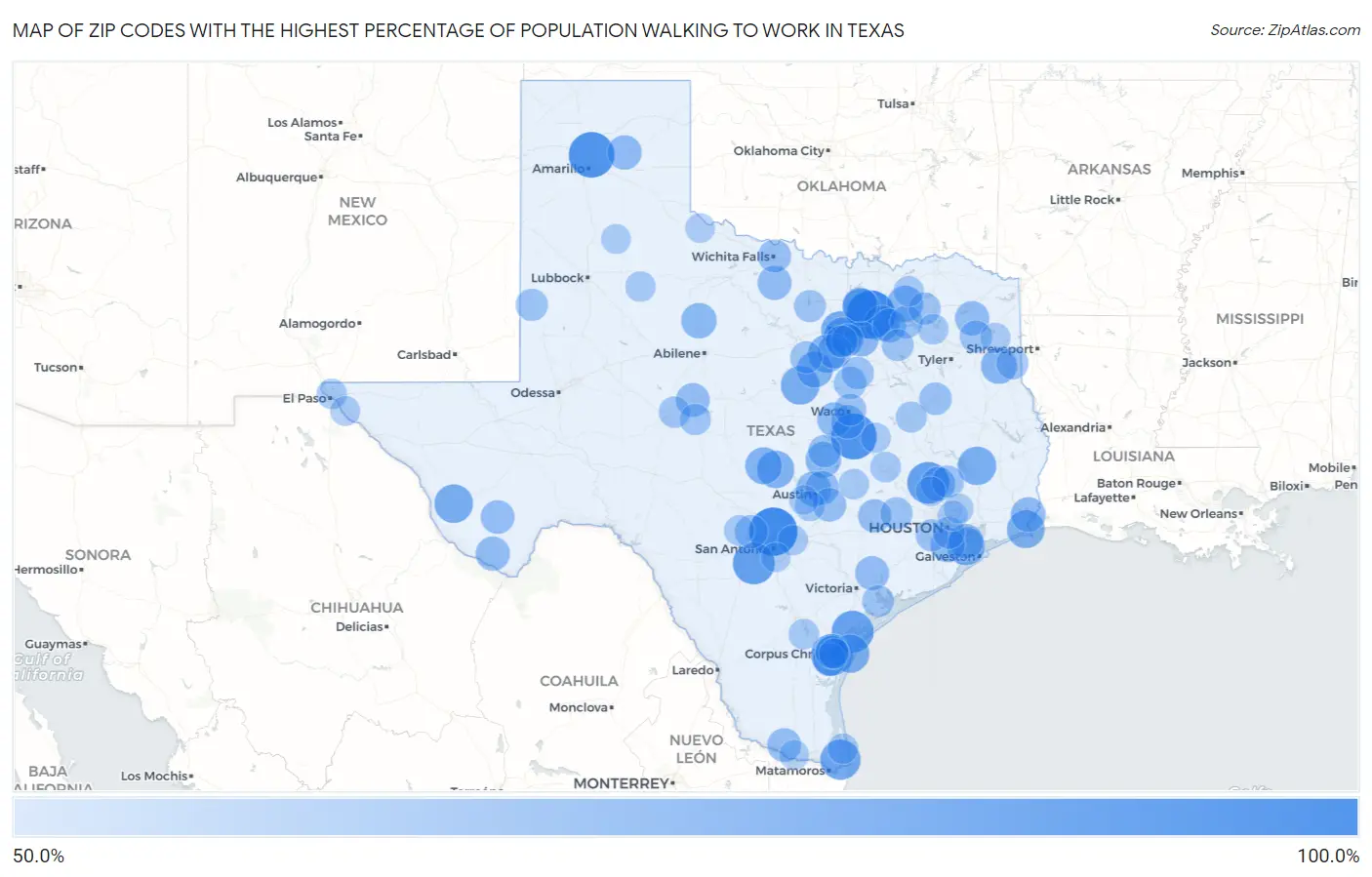 Zip Codes with the Highest Percentage of Population Walking to Work in Texas Map