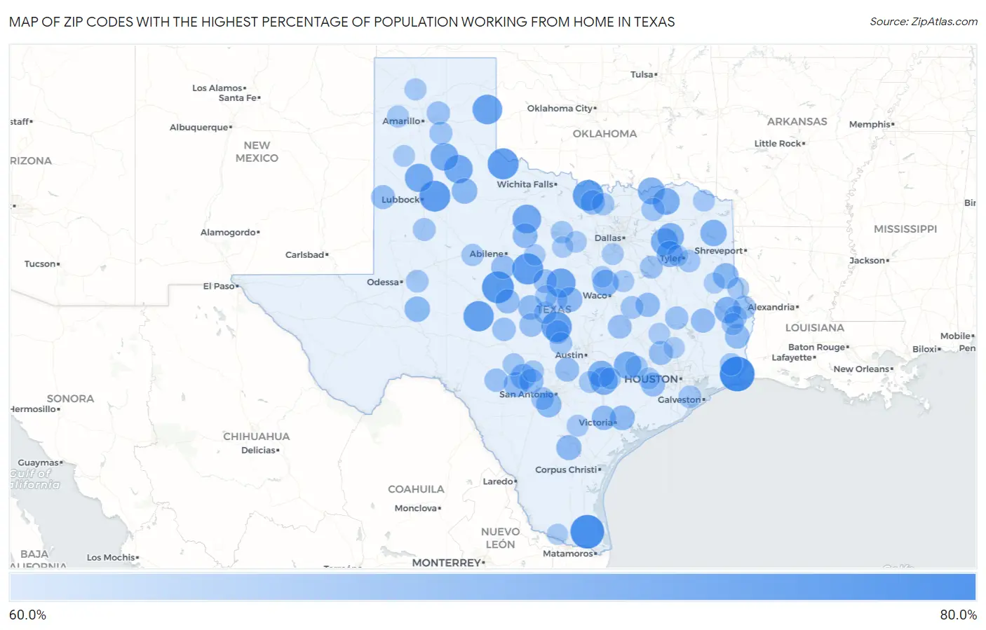 Zip Codes with the Highest Percentage of Population Working from Home in Texas Map