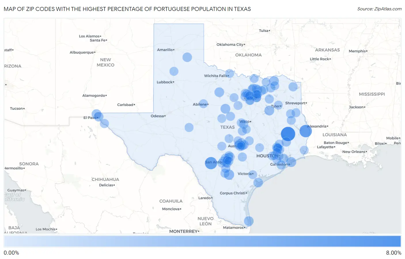 Zip Codes with the Highest Percentage of Portuguese Population in Texas Map