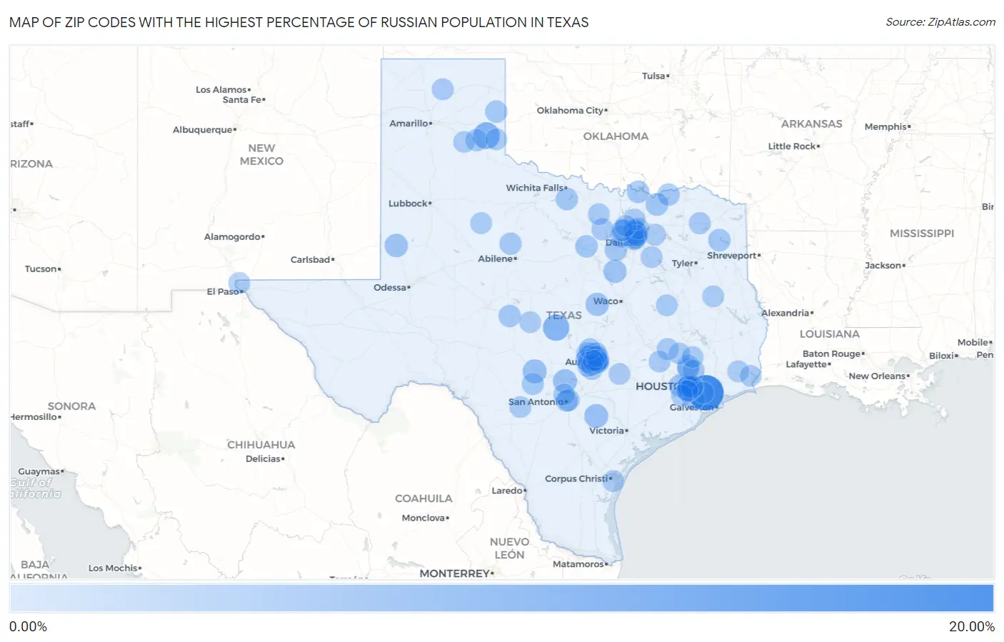 Zip Codes with the Highest Percentage of Russian Population in Texas Map