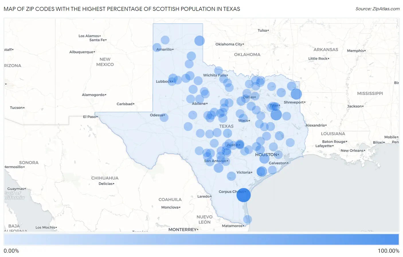 Zip Codes with the Highest Percentage of Scottish Population in Texas Map