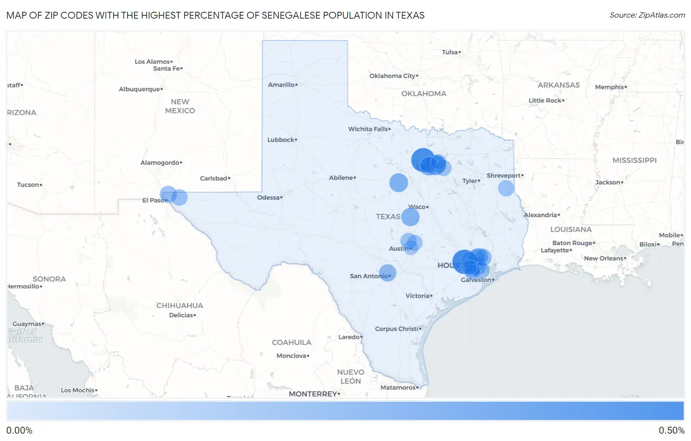 Zip Codes with the Highest Percentage of Senegalese Population in Texas Map