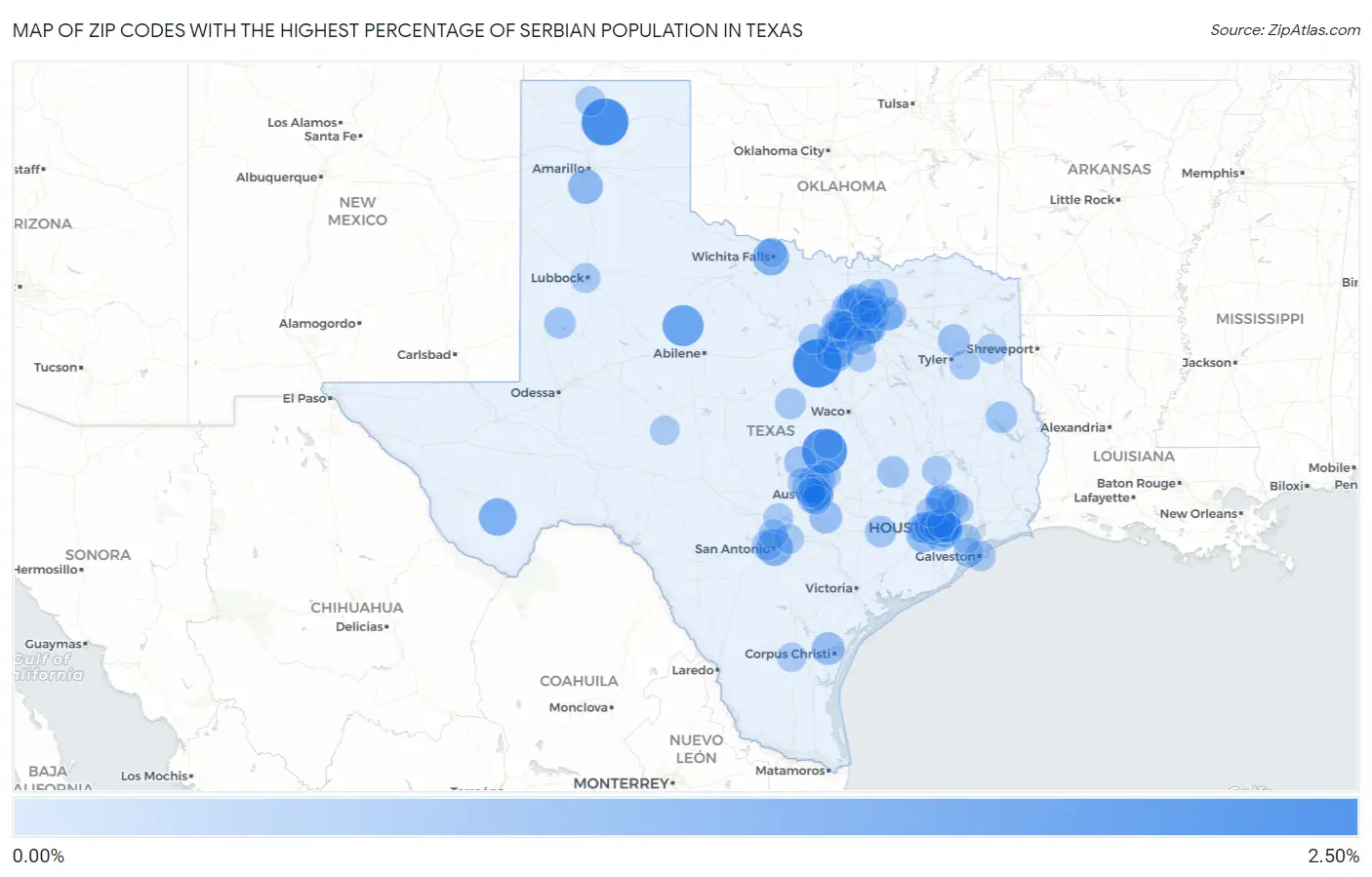 Zip Codes with the Highest Percentage of Serbian Population in Texas Map