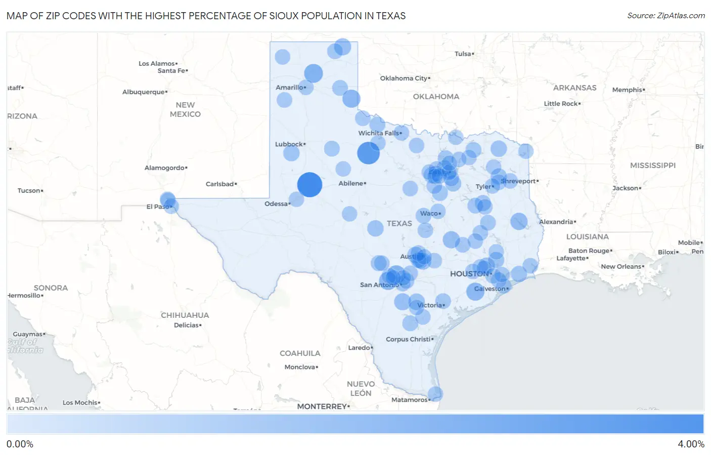 Zip Codes with the Highest Percentage of Sioux Population in Texas Map