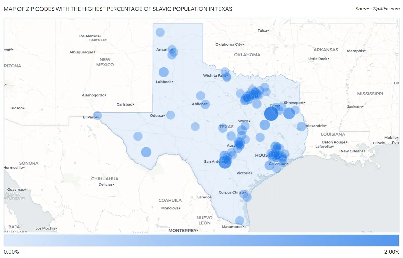 Zip Codes with the Highest Percentage of Slavic Population in Texas Map