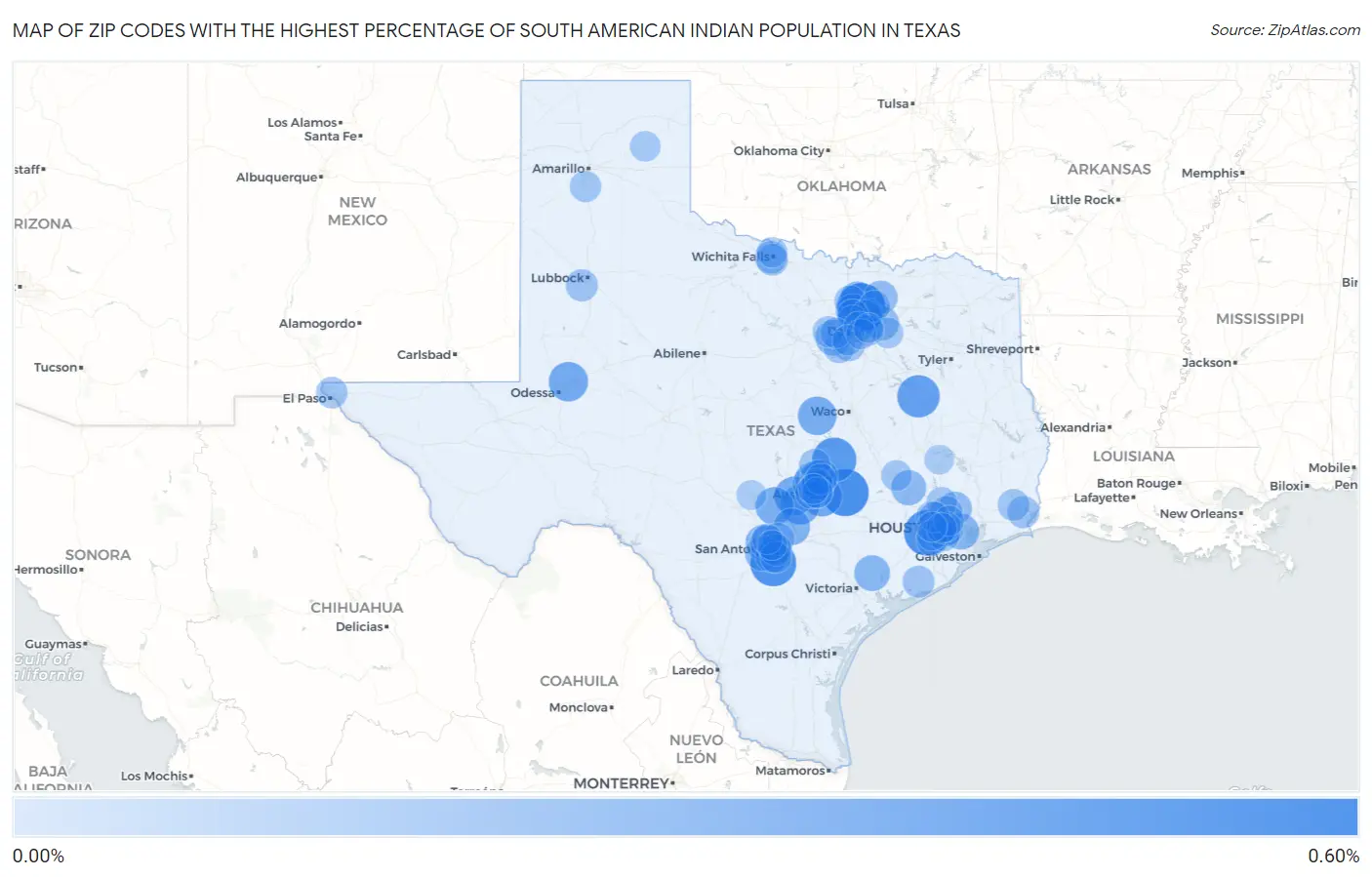 Zip Codes with the Highest Percentage of South American Indian Population in Texas Map