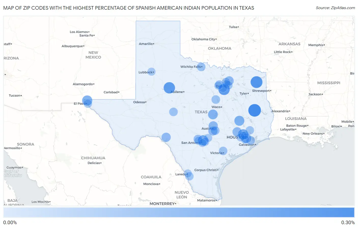 Zip Codes with the Highest Percentage of Spanish American Indian Population in Texas Map