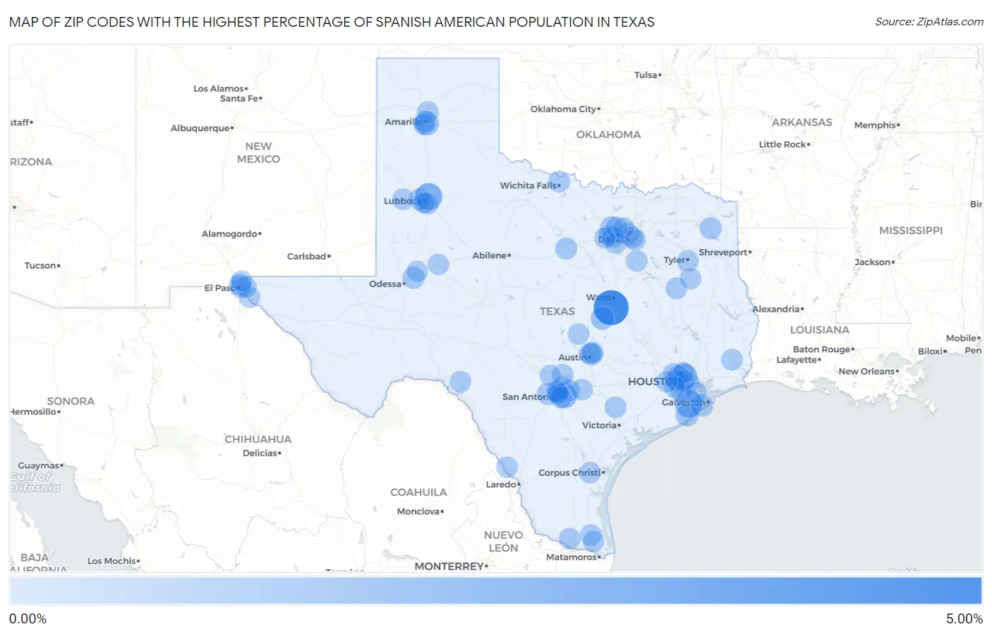 Zip Codes with the Highest Percentage of Spanish American Population in Texas Map