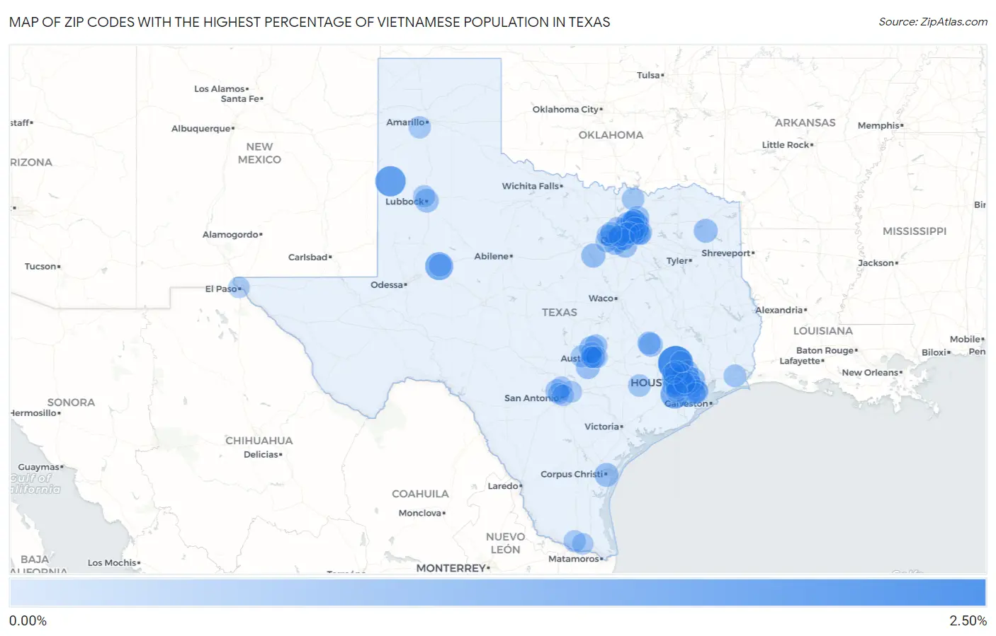 Zip Codes with the Highest Percentage of Vietnamese Population in Texas Map