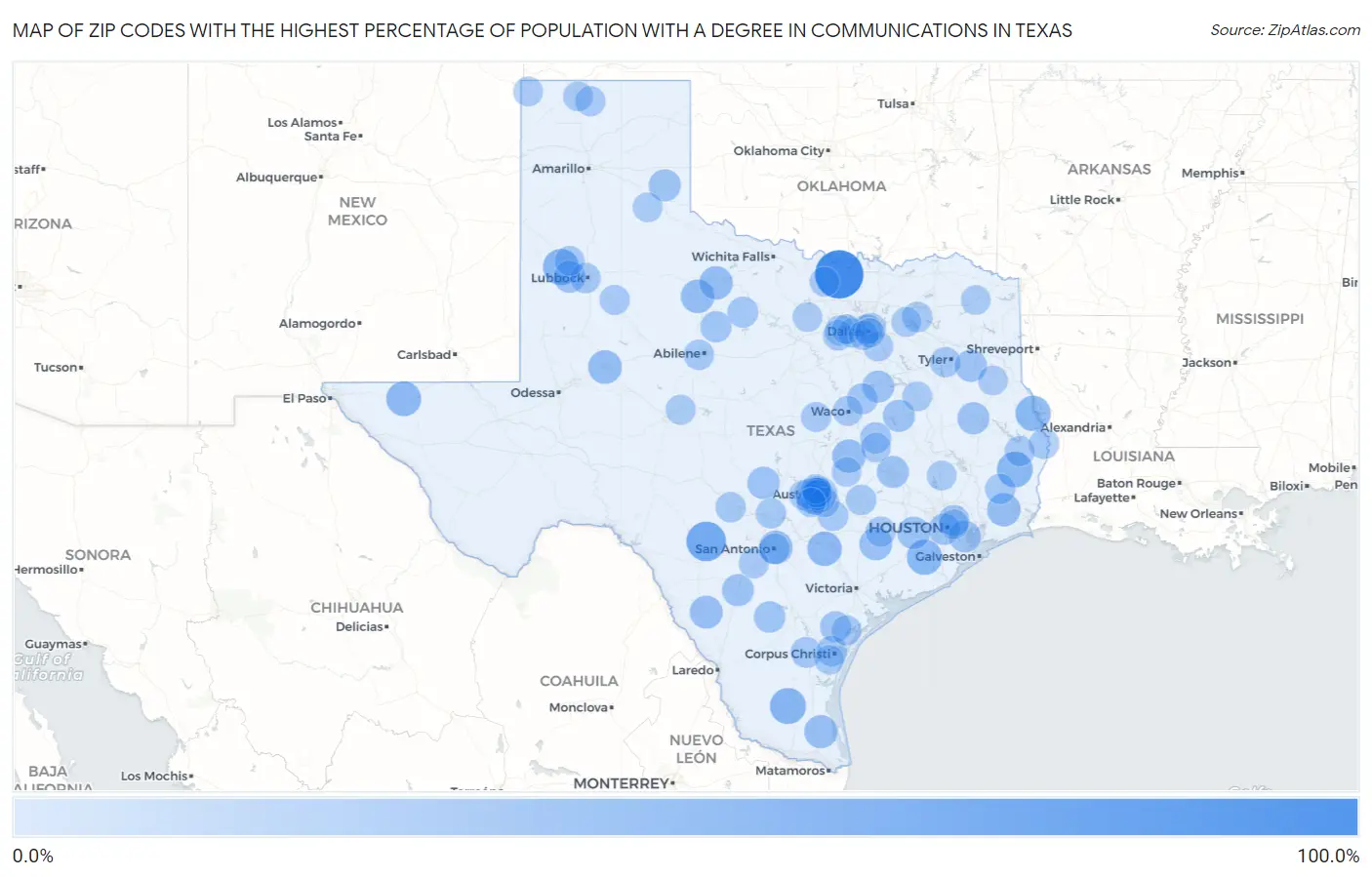 Zip Codes with the Highest Percentage of Population with a Degree in Communications in Texas Map