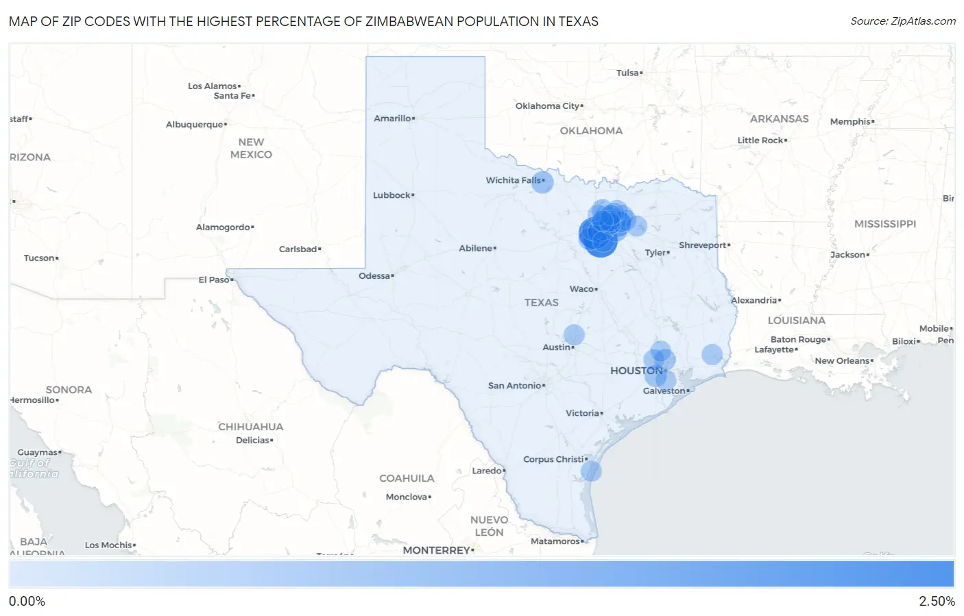 Zip Codes with the Highest Percentage of Zimbabwean Population in Texas Map