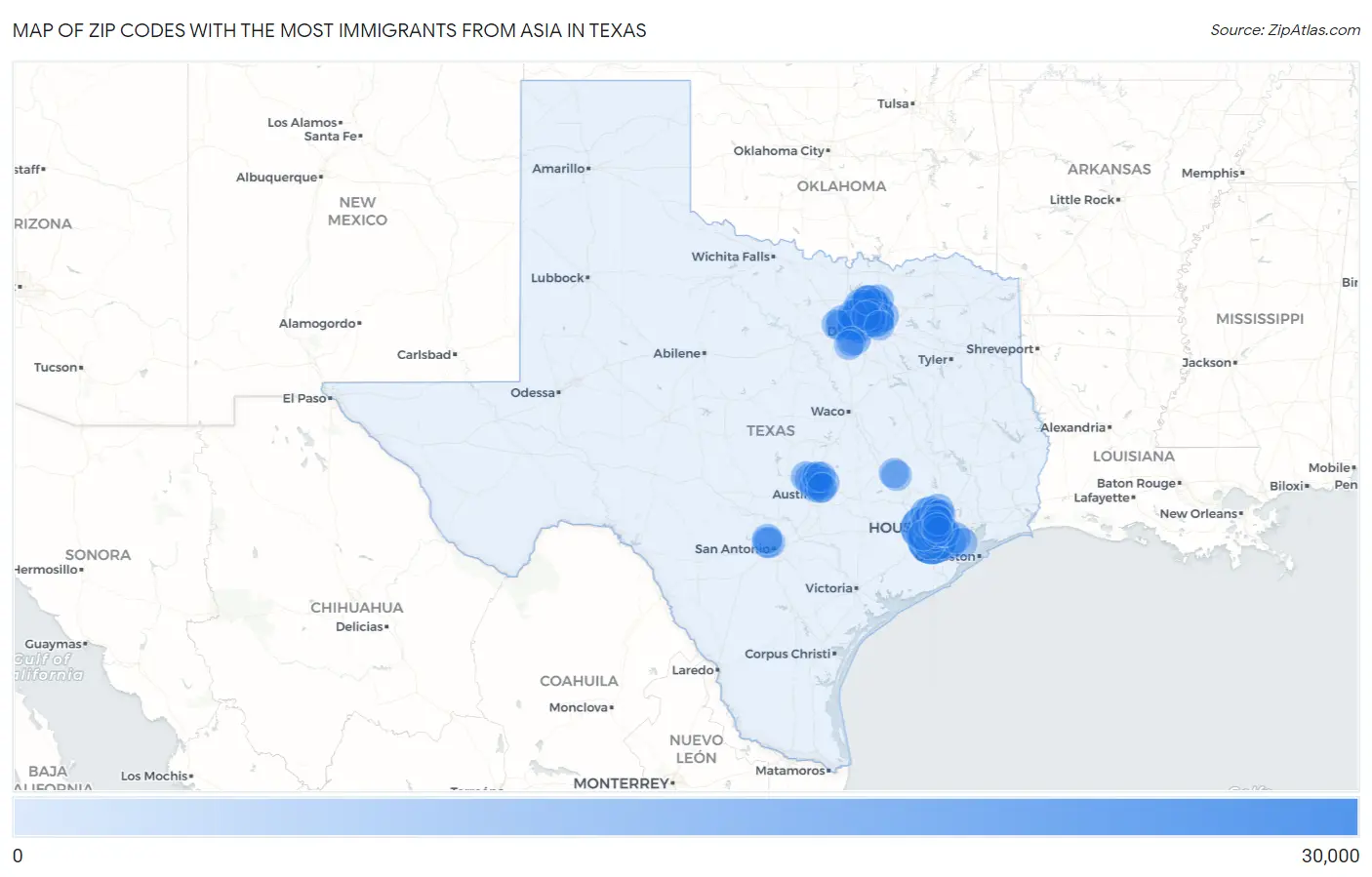 Zip Codes with the Most Immigrants from Asia in Texas Map
