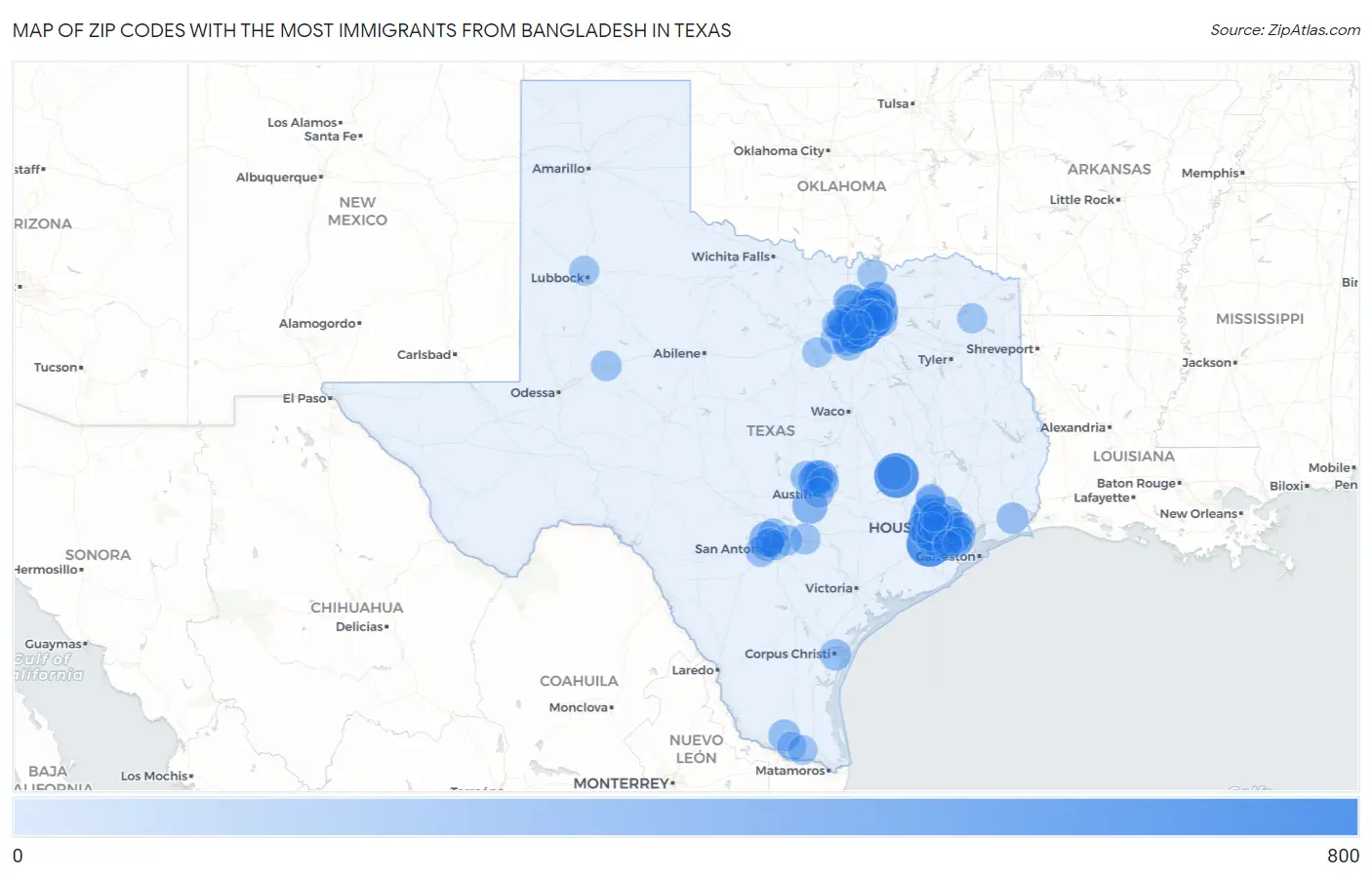 Zip Codes with the Most Immigrants from Bangladesh in Texas Map